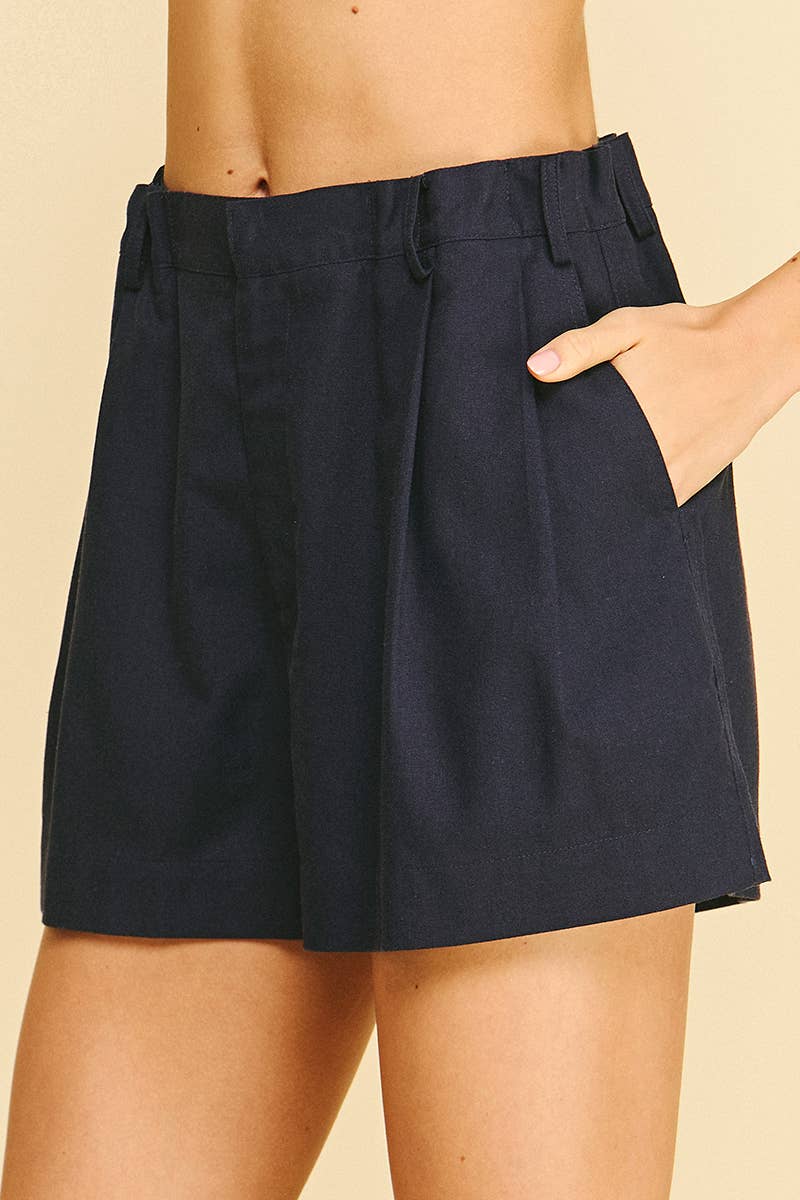 Navy High Waisted Pleated Shorts