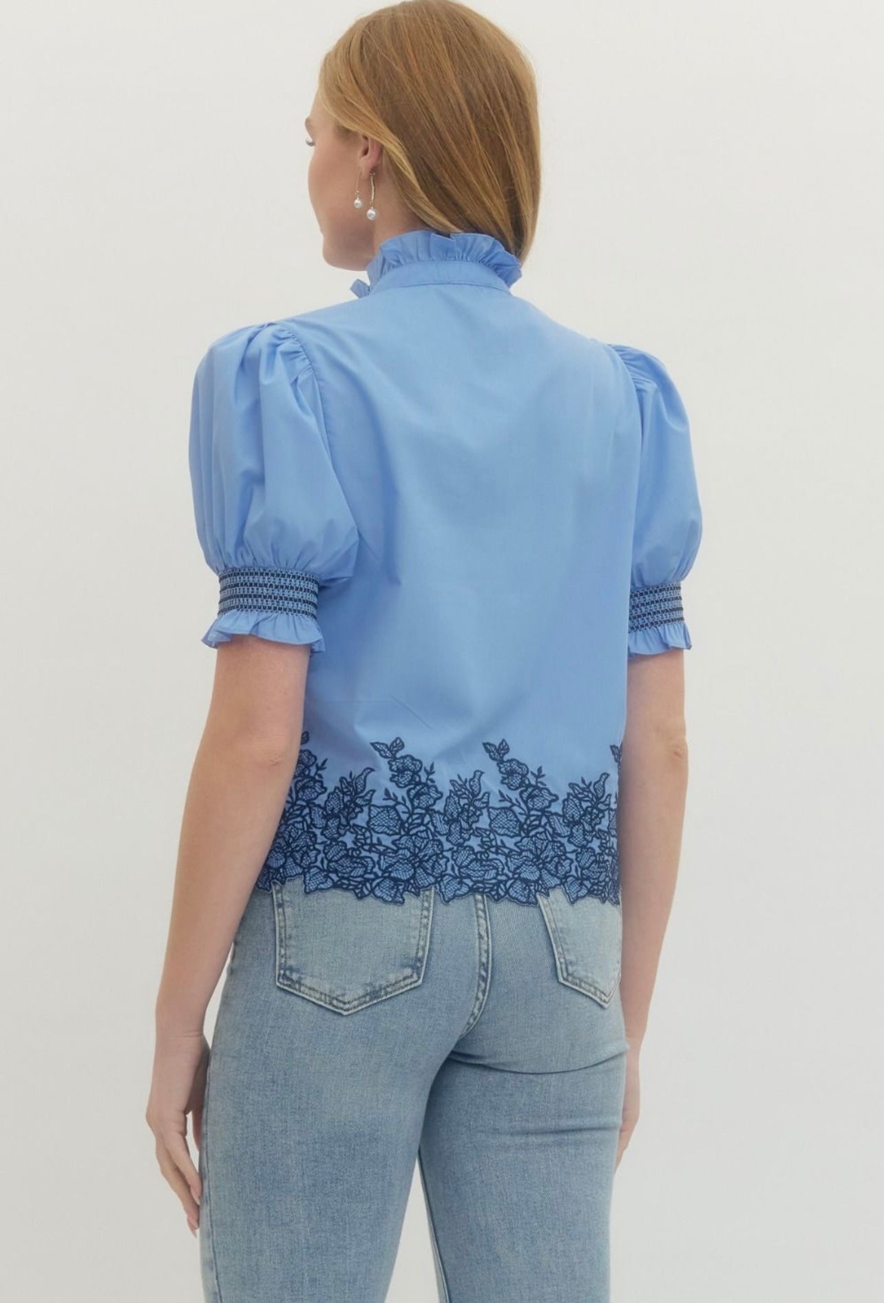 Blue Embroidered Hem Top