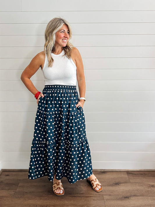 Navy Polka Dot Midi Skirt