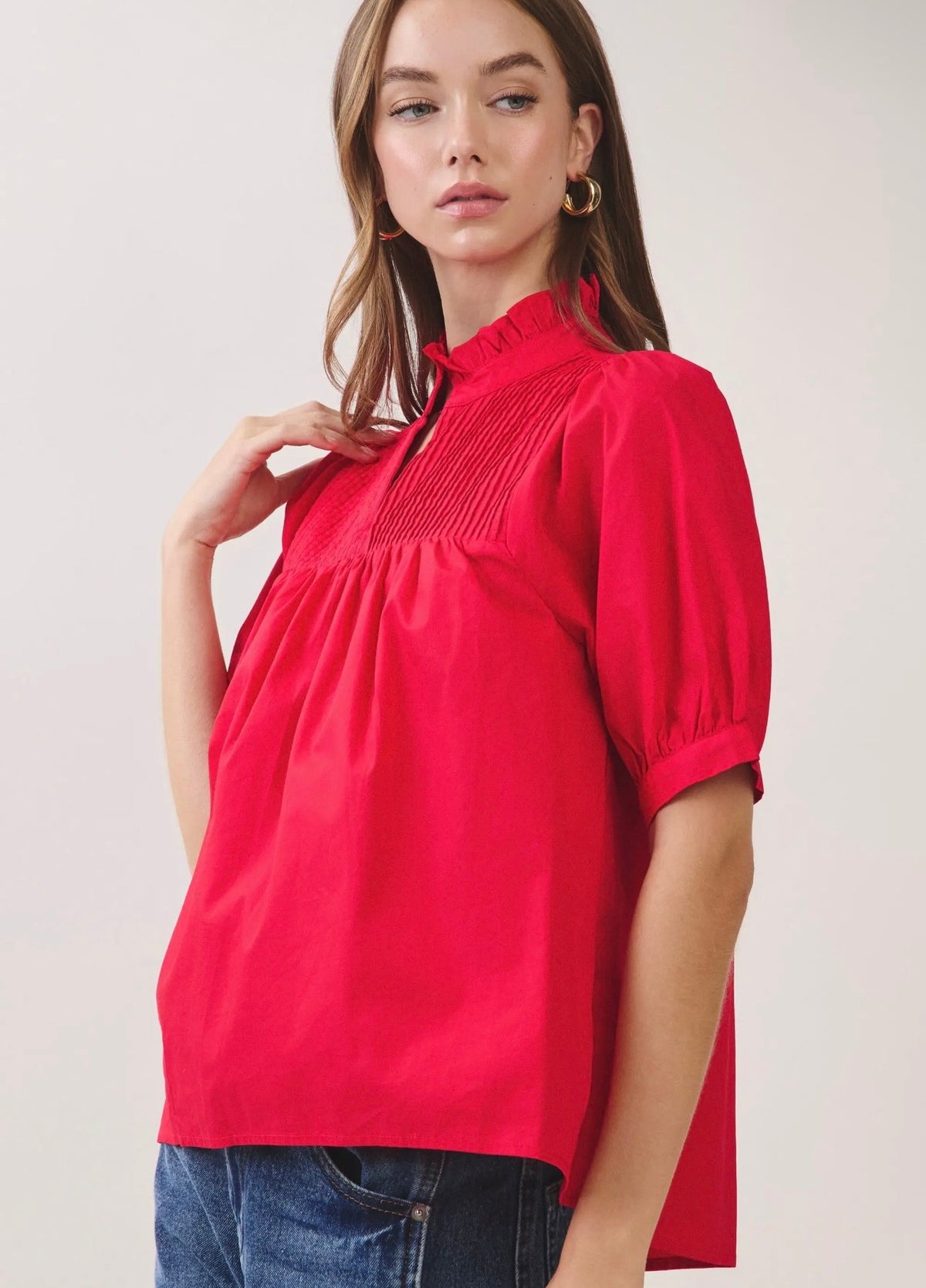 Pintuck Ruffle Neck Top