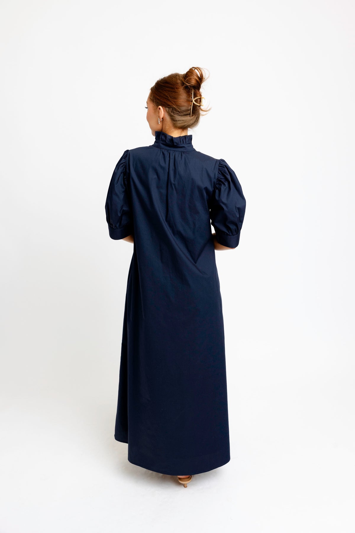 Navy Ruffle-Neck Maxi Shirt Dress