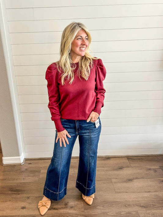 Puff Sleeve Sweater available in Black, Burgundy, and Hunter Green