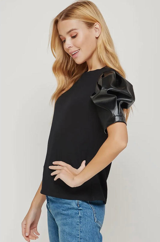 Faux Leather Puff Sleeve Top