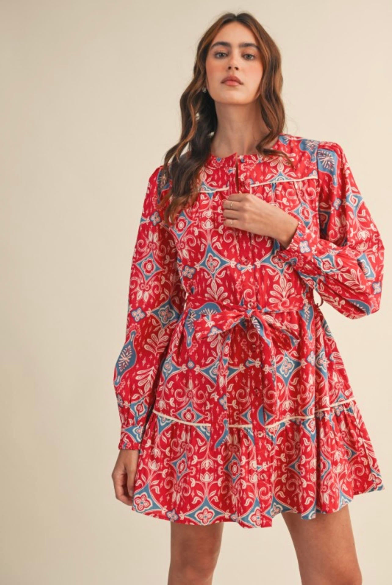 Bandana Print Long Sleeve Button Down Mini Dress