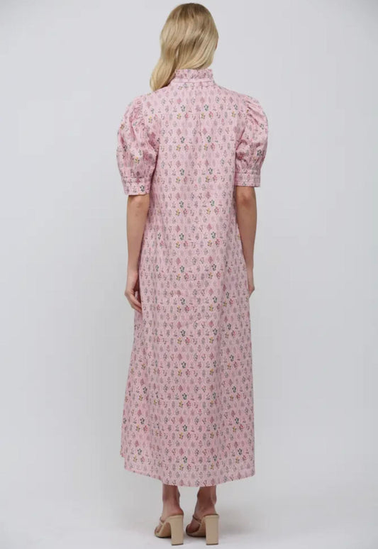 Pink Floral High Ruffled Neck Maxi Dress
