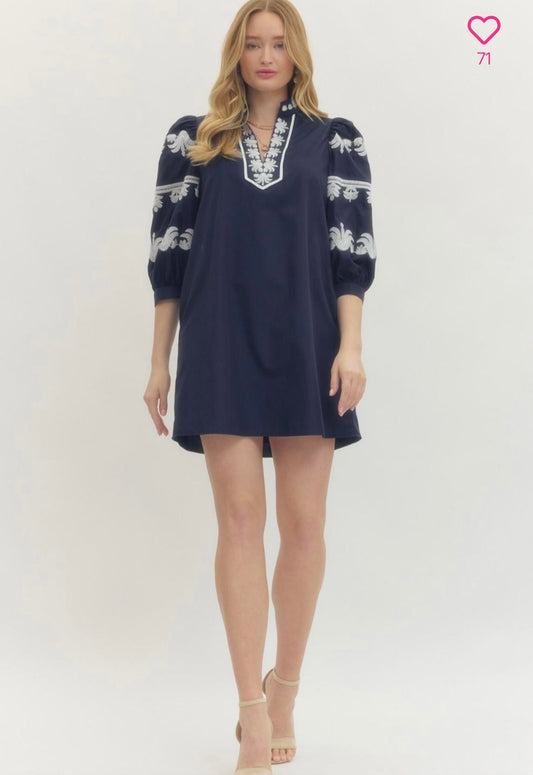 Solid 3/4 Puff Sleeve Mini Dress