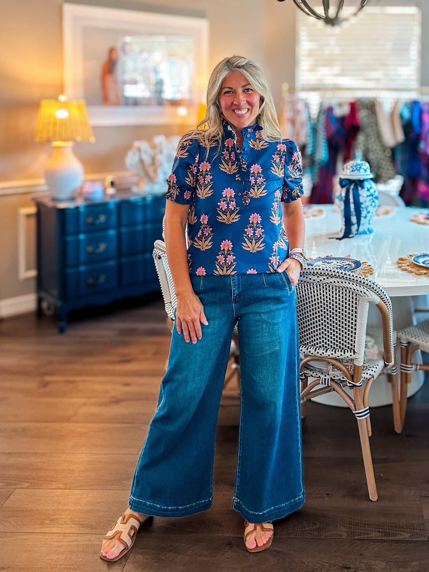 Carly Floral Top - Navy