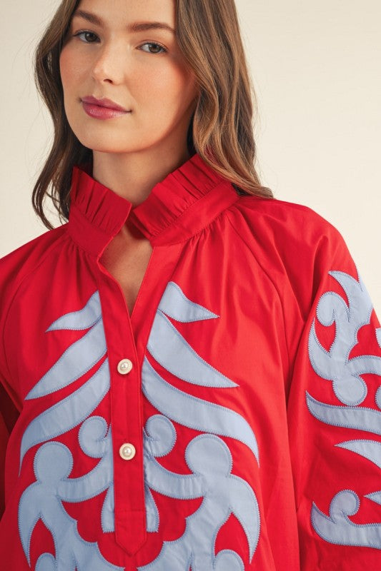 Floral Applique Shift Dress - Red