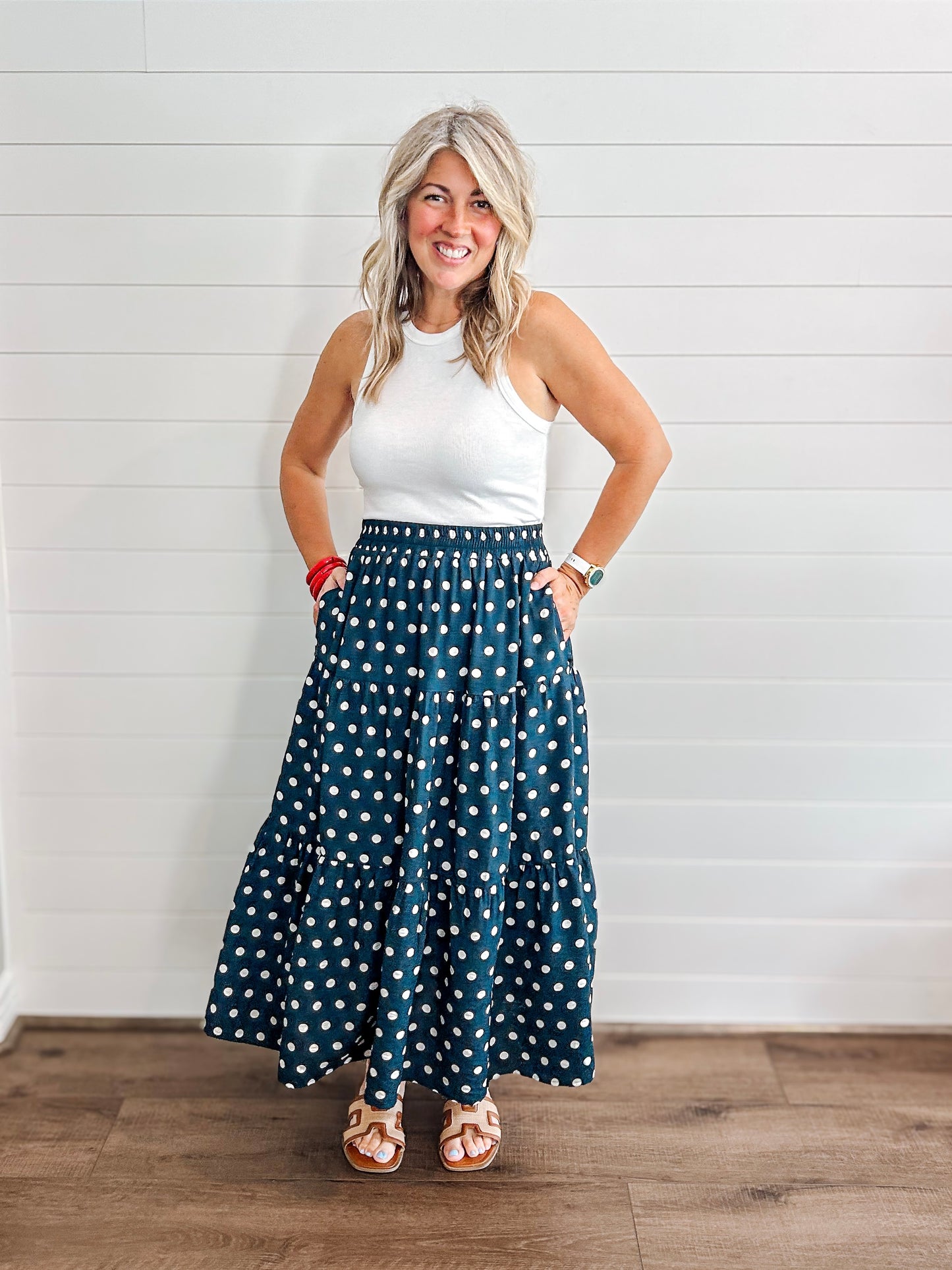 Navy Polka Dot Midi Skirt