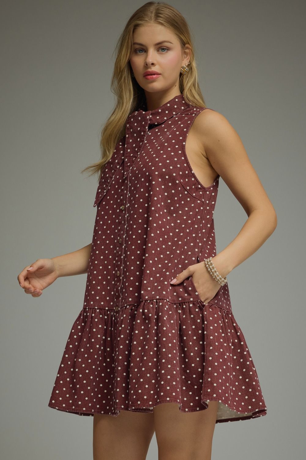 BURGUNDY POLKA DOT COTTON TIE-NECK MINI DRESS