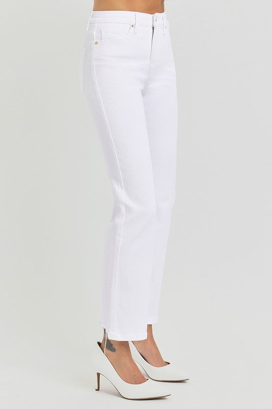 Tummy Control Elastic Band High Rise Crop Straight - White
