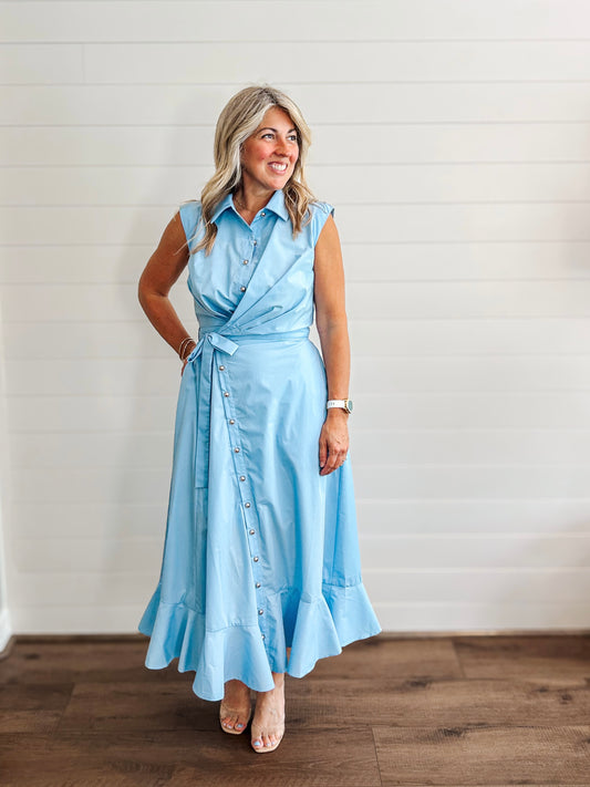 Chambray Blue Wrap Midi Dress