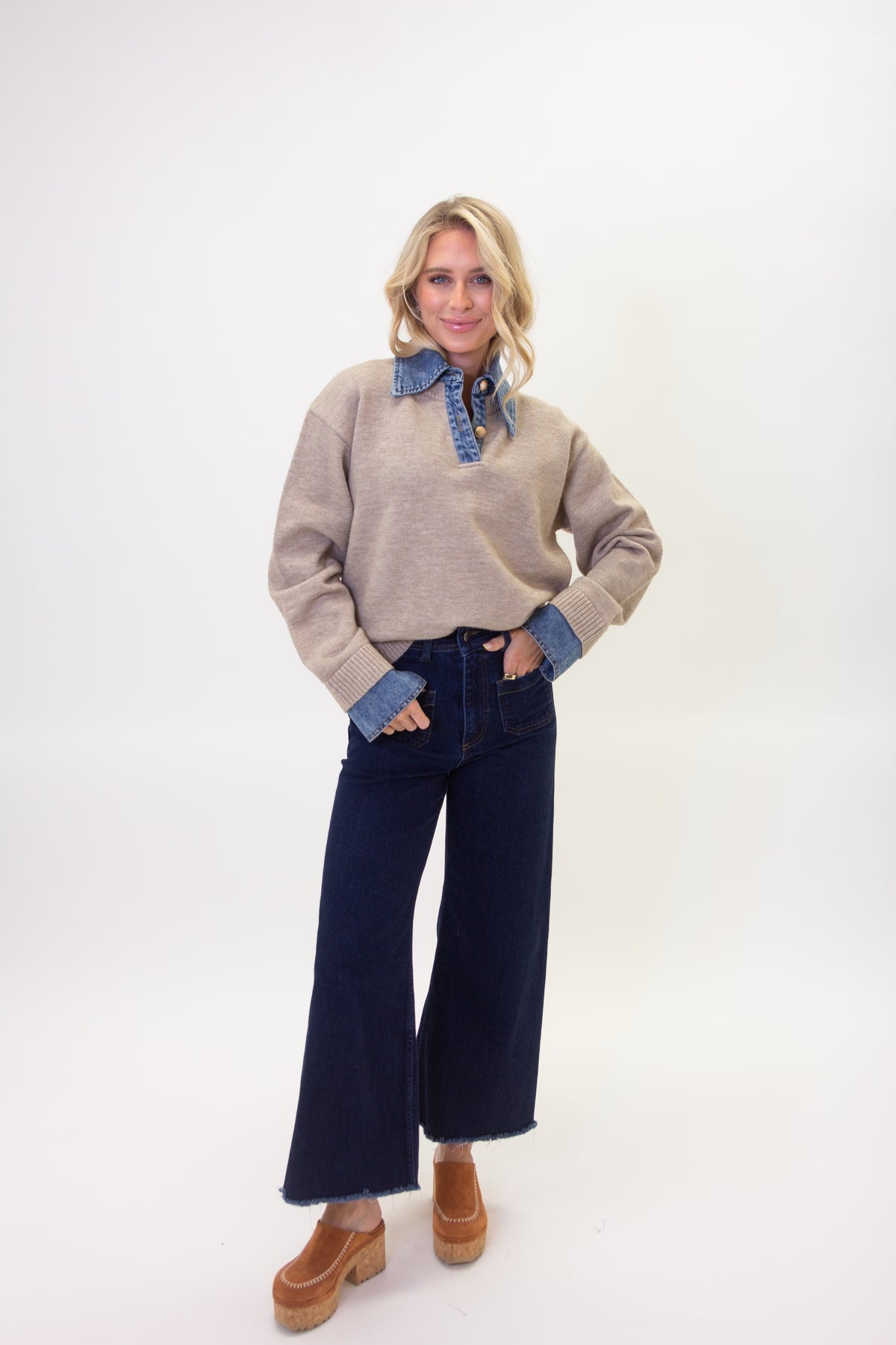 KARLIE: OATMEAL DENIM COLLAR SWEATER