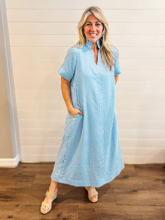 Blue Stipe V-neck Midi Dress