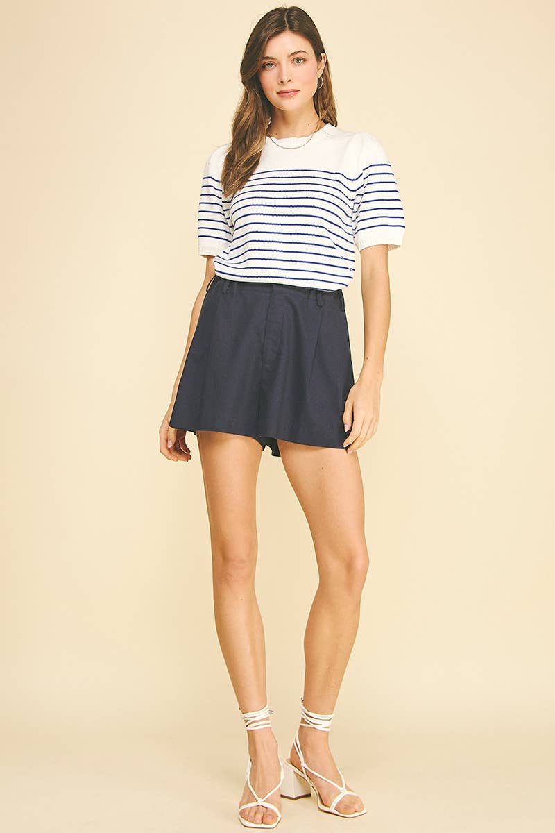 Navy High Waisted Pleated Shorts