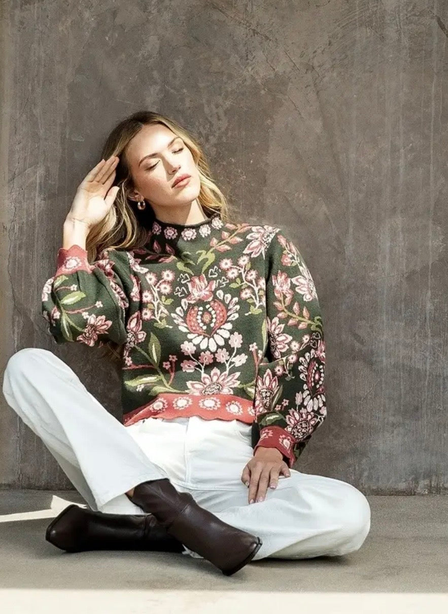THML High Neck Long Sleeve Floral Sweater in Olive