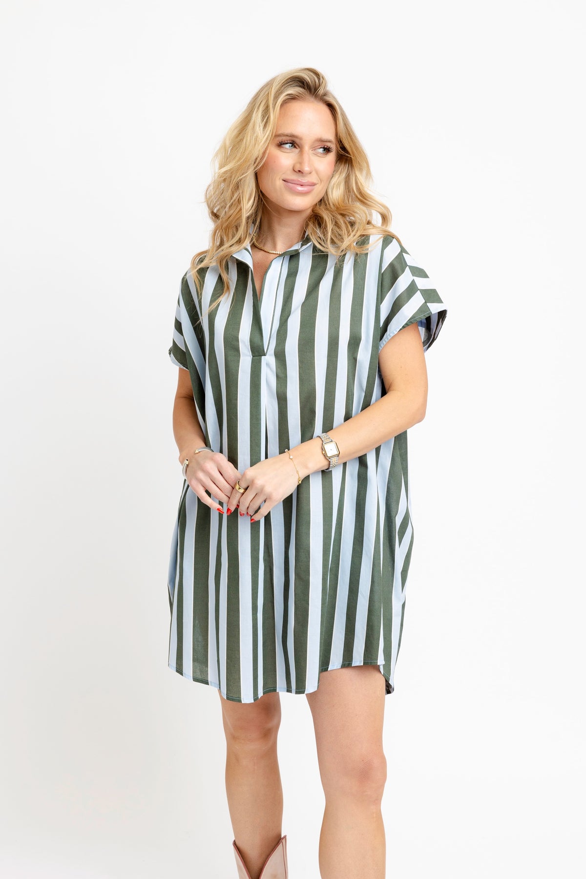 KARLIE - Bold Stripe Vneck Collar Signature Shirt Dress