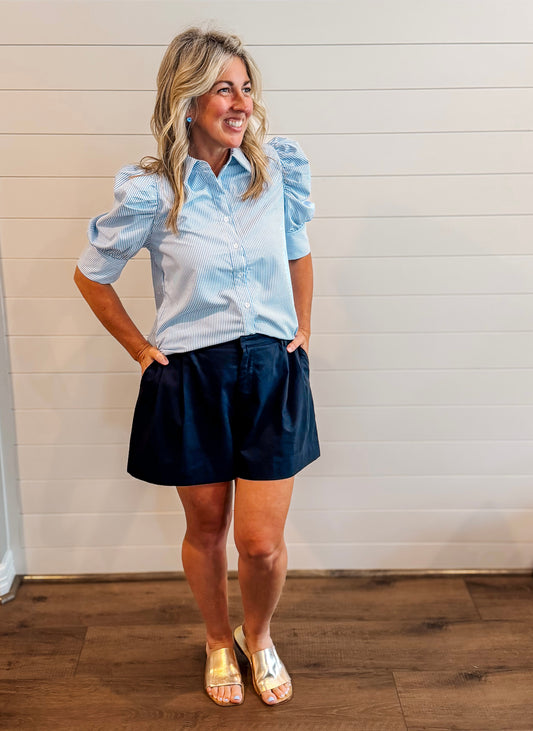 Navy High Waisted Pleated Shorts