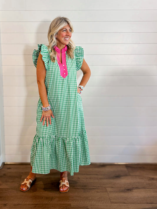 Spring Sweetheart Gingham Midi Dress - Green