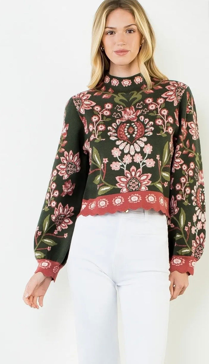 THML High Neck Long Sleeve Floral Sweater in Olive