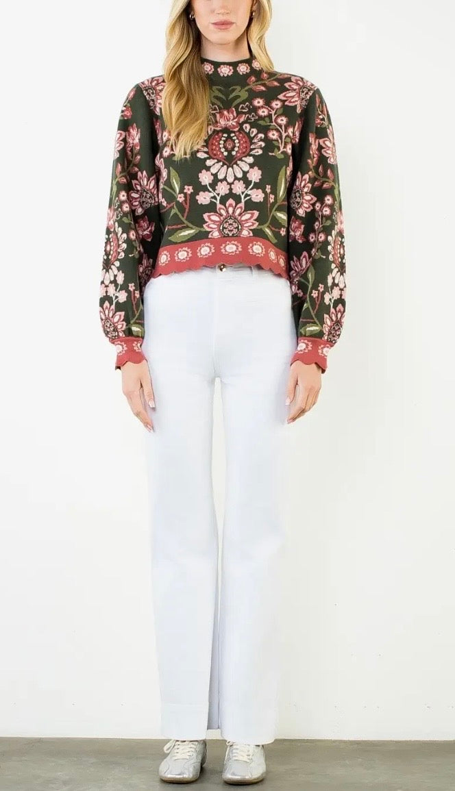 THML High Neck Long Sleeve Floral Sweater in Olive