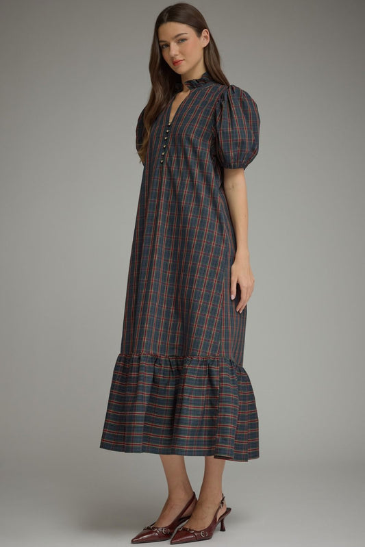 Plaid Midi Dress - Green