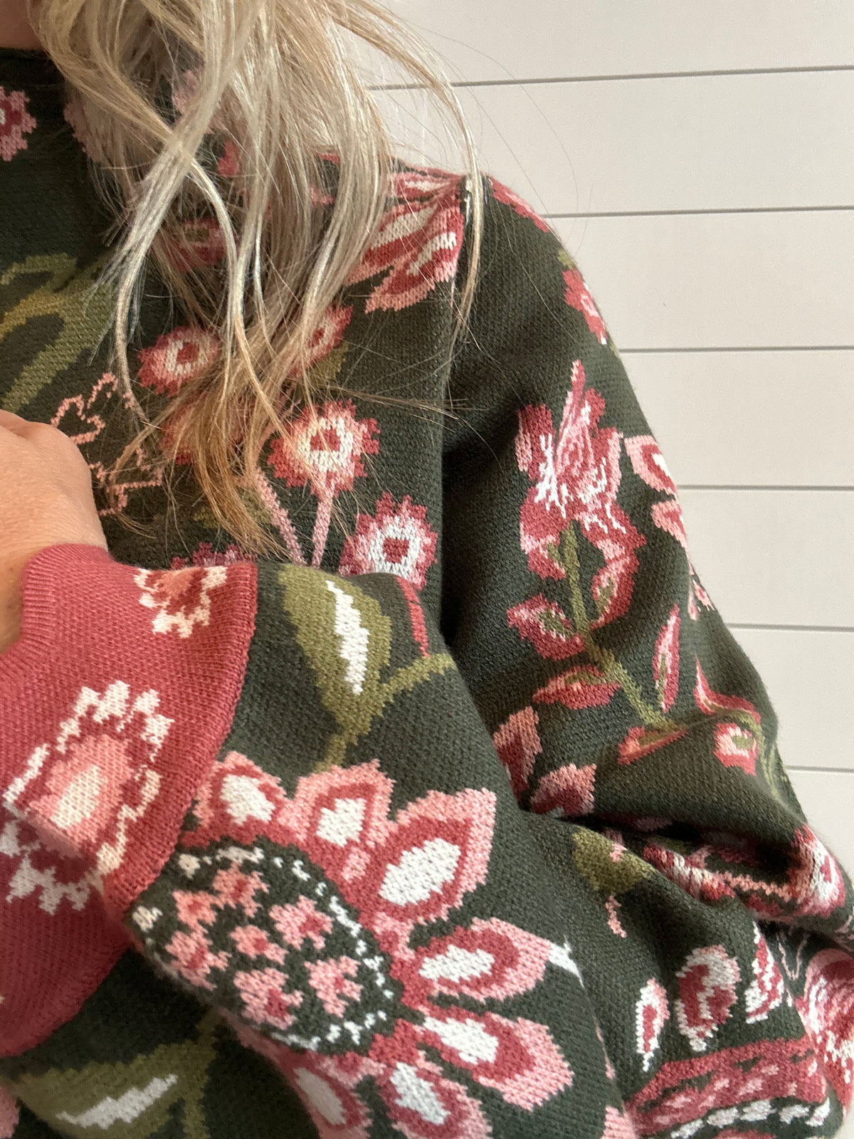 THML High Neck Long Sleeve Floral Sweater in Olive