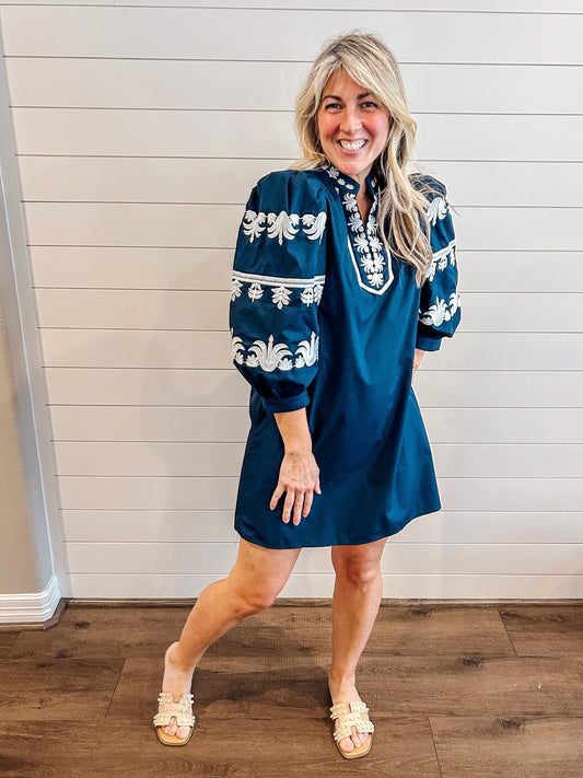 Solid 3/4 Puff Sleeve Mini Dress