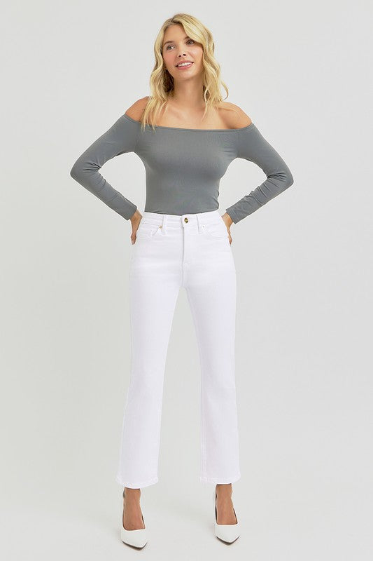 Tummy Control Elastic Band High Rise Crop Straight - White
