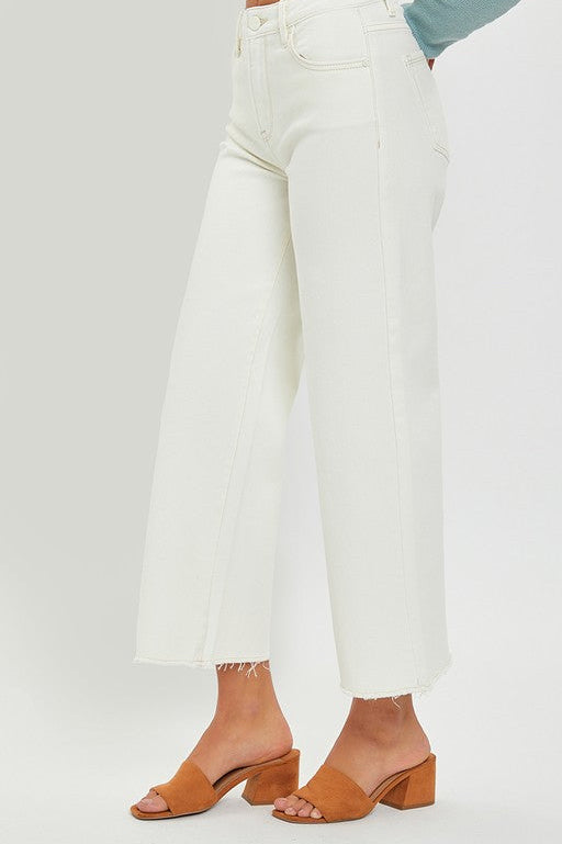 Risen - Tummy Control High Rise Crop Wide Jeans - Cream