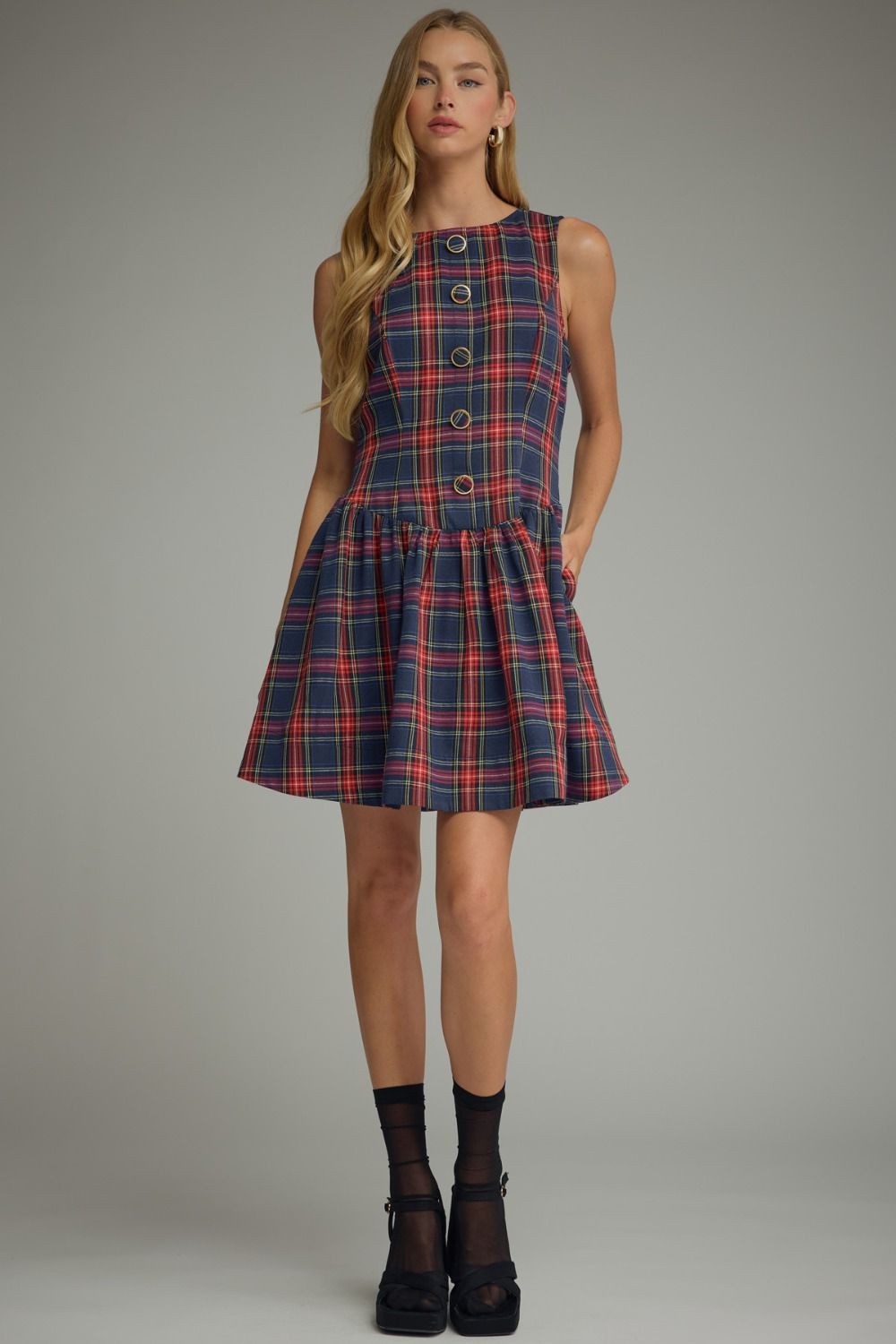 Tartan Plaid Drop Waist Mini - Blue