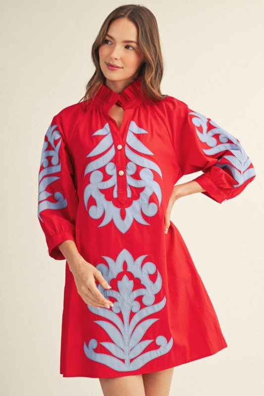 Floral Applique Shift Dress - Red