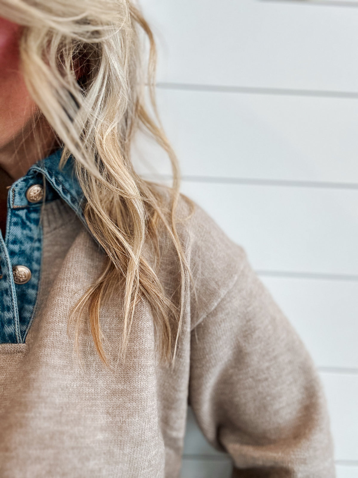 KARLIE: OATMEAL DENIM COLLAR SWEATER