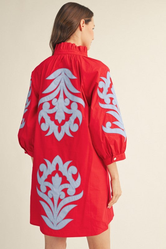 Floral Applique Shift Dress - Red