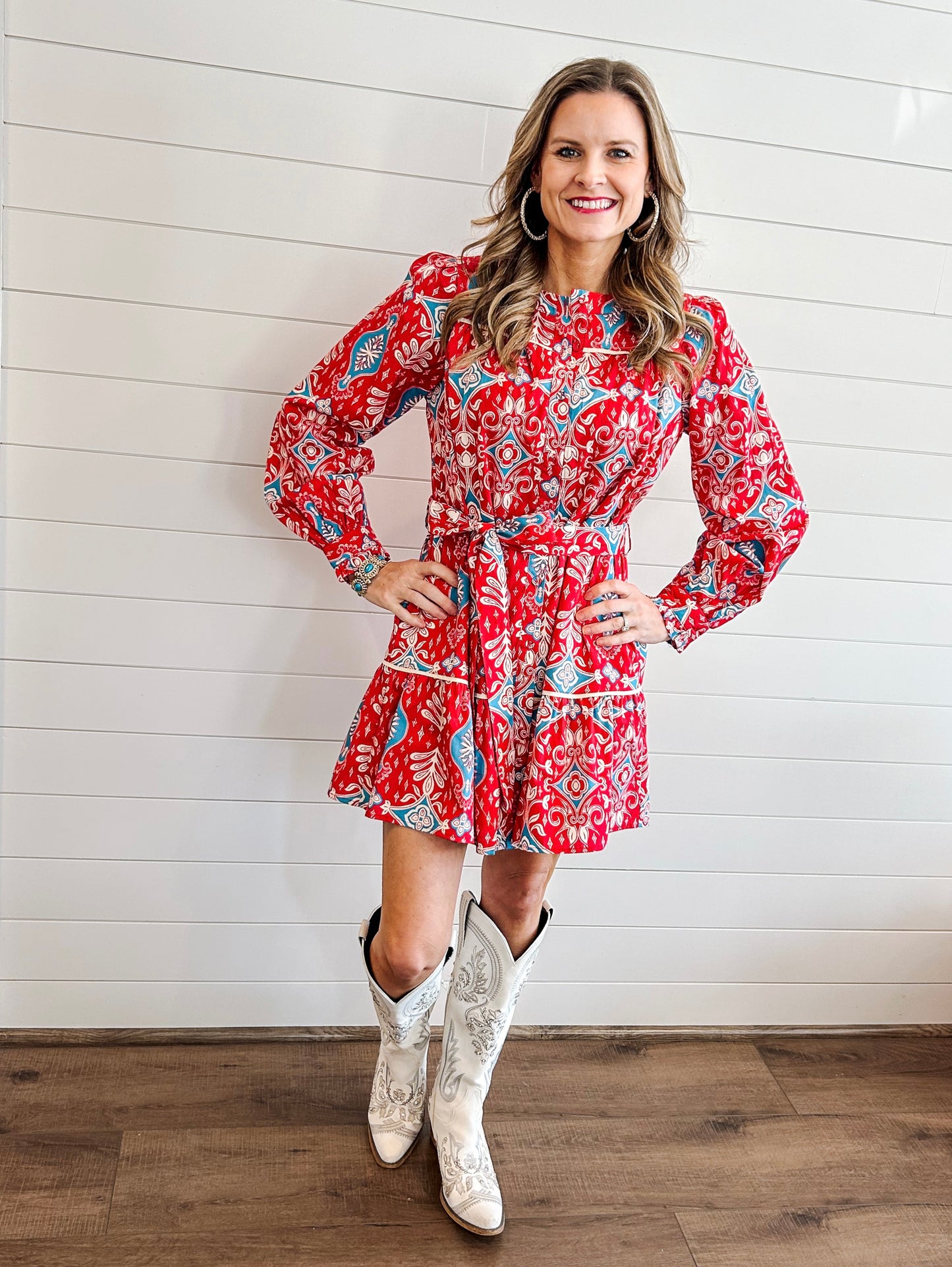 Bandana Print Long Sleeve Button Down Mini Dress