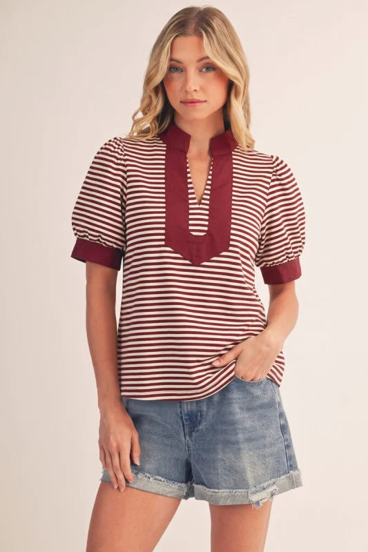 Stripe a Pose Puff Sleeve Top - Burgundy