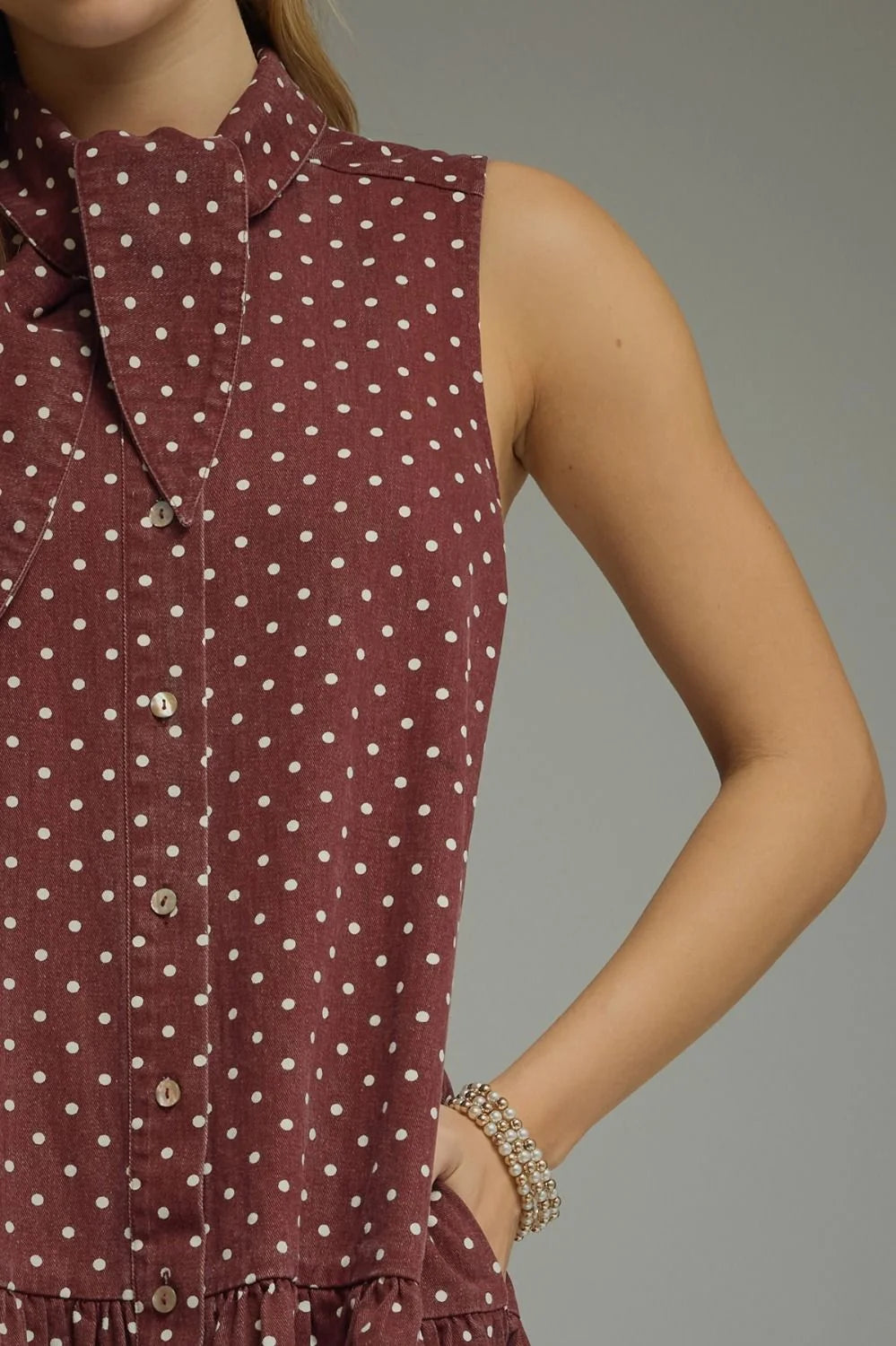 BURGUNDY POLKA DOT COTTON TIE-NECK MINI DRESS