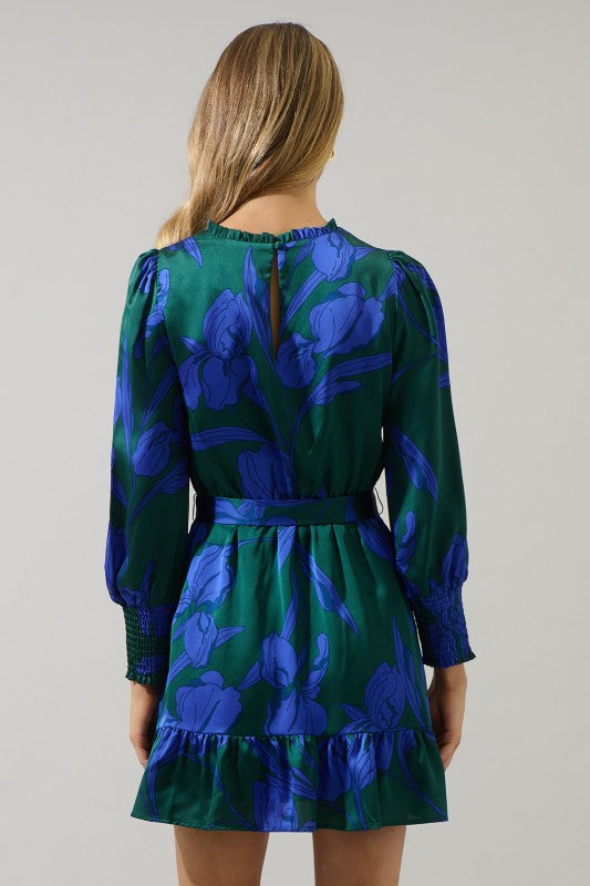 BUSBEE FLORAL SEVILLA SATIN RUFFLE DRESS