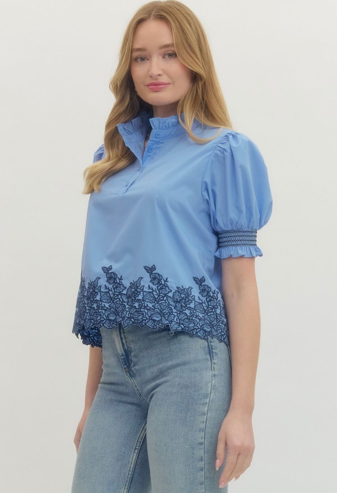 Blue Embroidered Hem Top