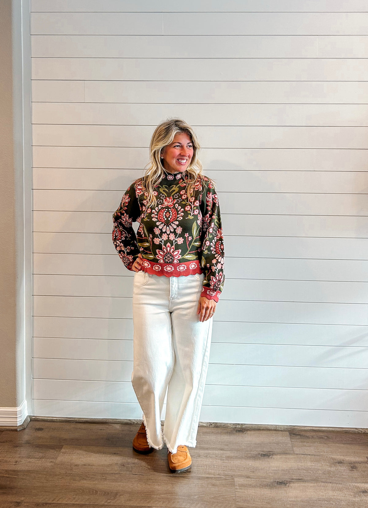 THML High Neck Long Sleeve Floral Sweater in Olive