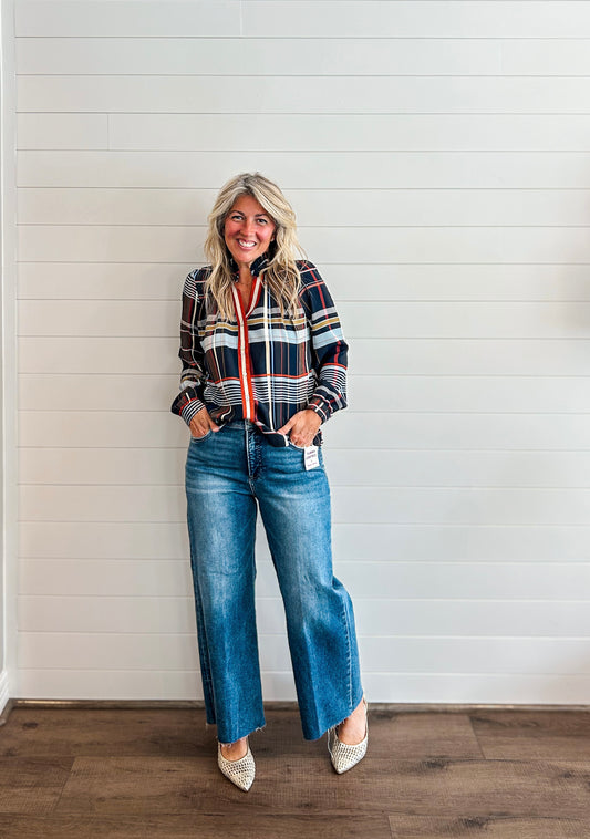 THML Navy Plaid Long Sleeve Top