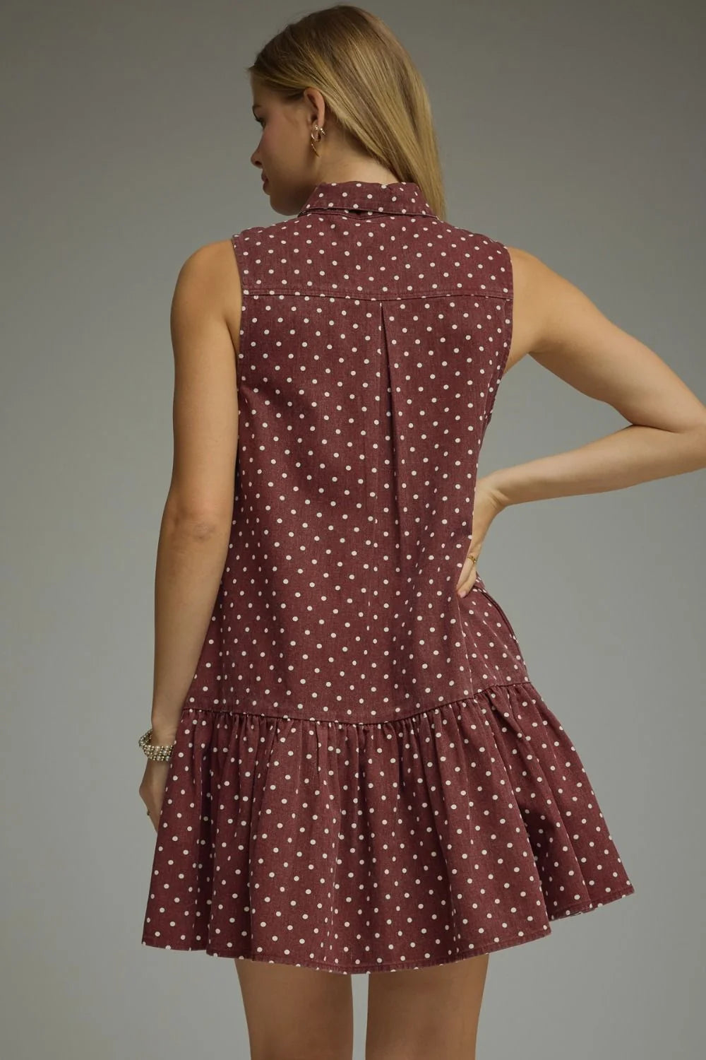 BURGUNDY POLKA DOT COTTON TIE-NECK MINI DRESS