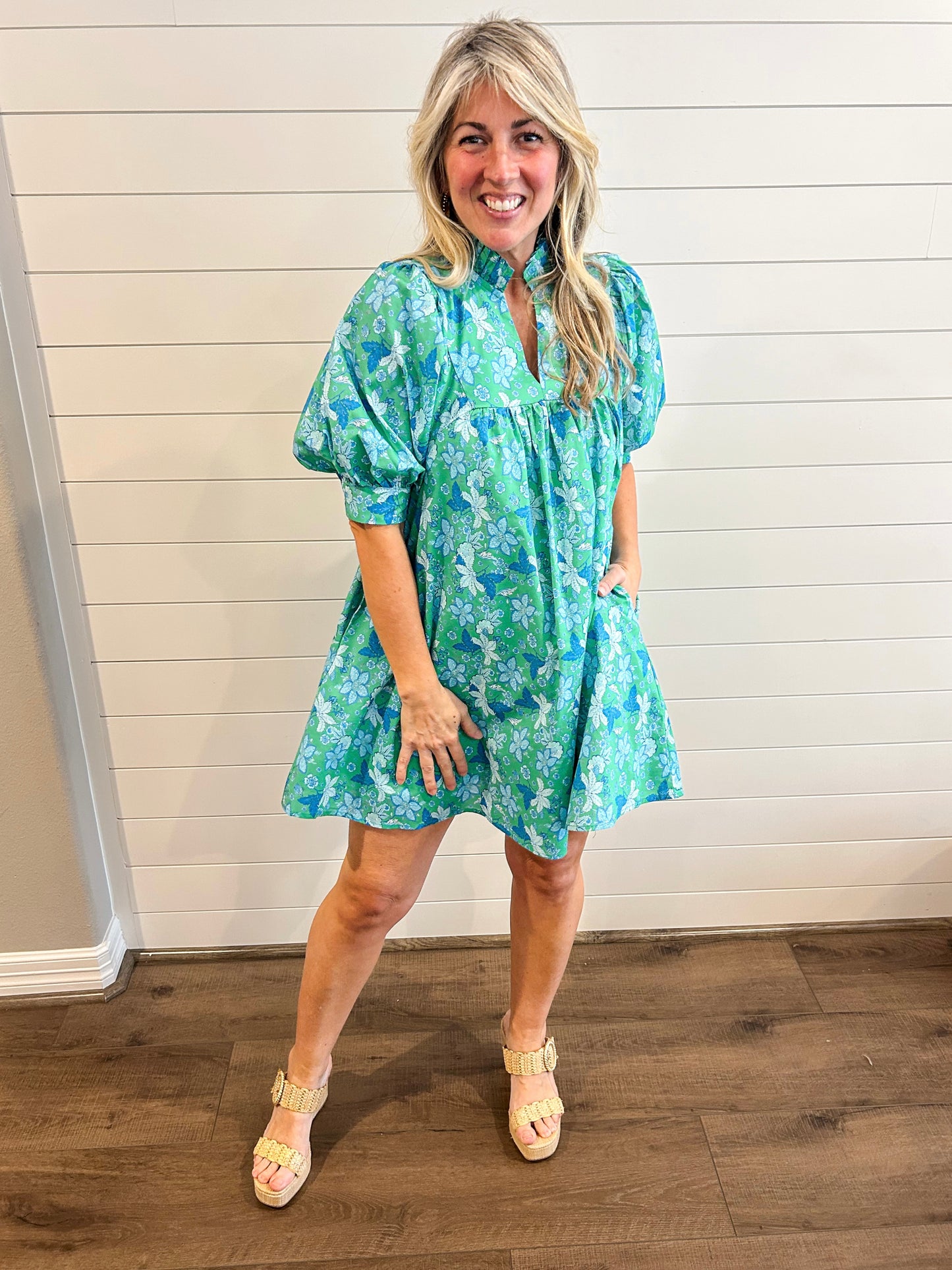 Green Garden Floral Mini Dress