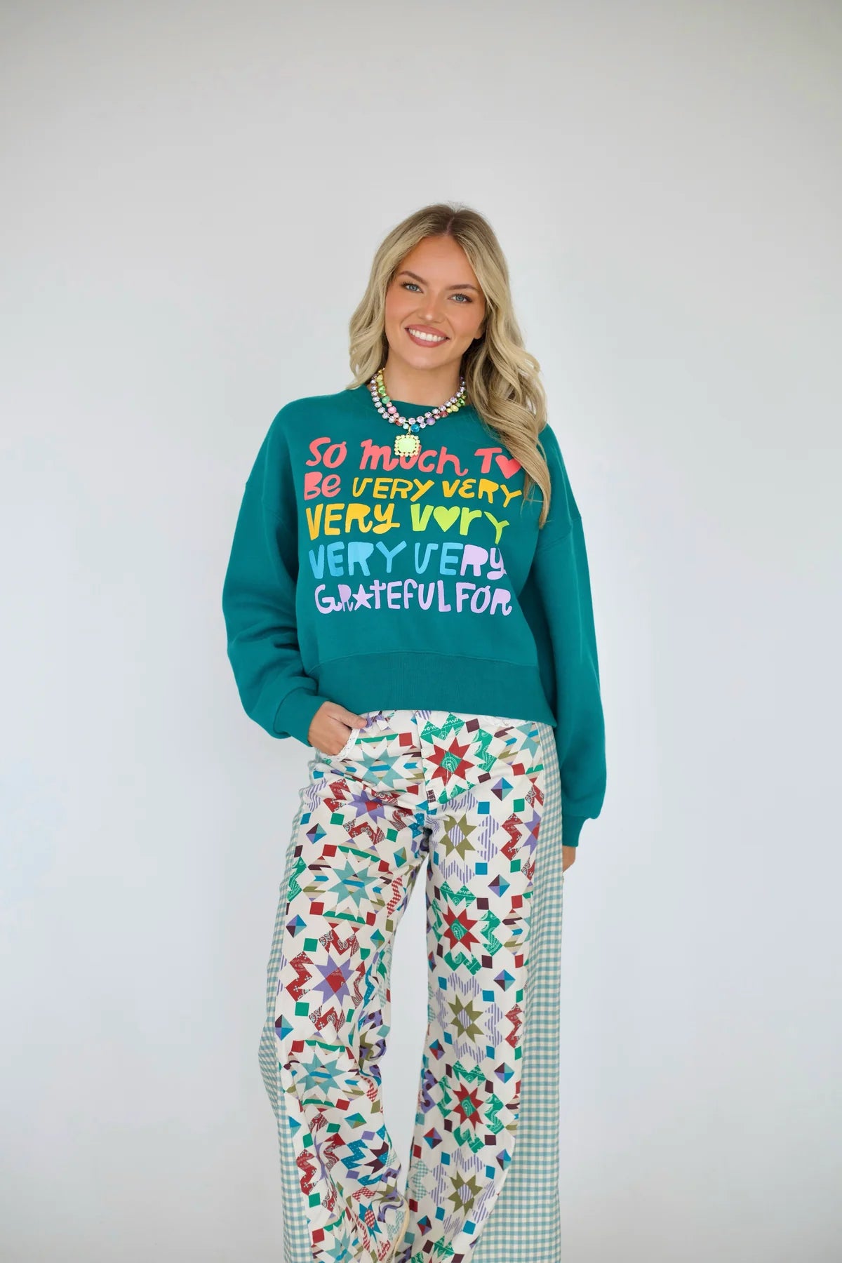 So Very Very Grateful Crop Sweatshirt - Teal