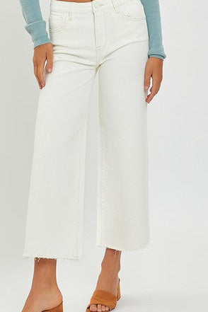 Risen - Tummy Control High Rise Crop Wide Jeans - Cream