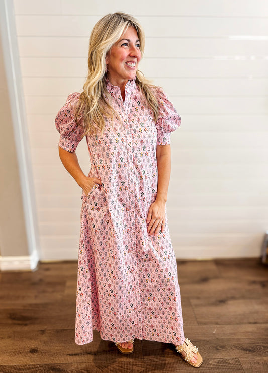 Pink Floral High Ruffled Neck Maxi Dress