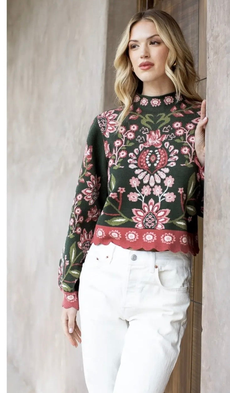 THML High Neck Long Sleeve Floral Sweater in Olive
