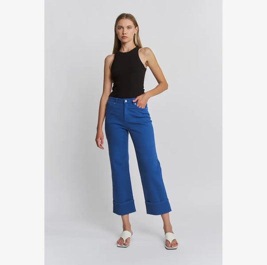 Bold Blue High Rise Cuff Crop Jeans