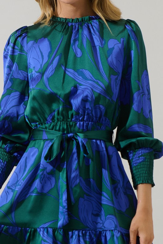 BUSBEE FLORAL SEVILLA SATIN RUFFLE DRESS