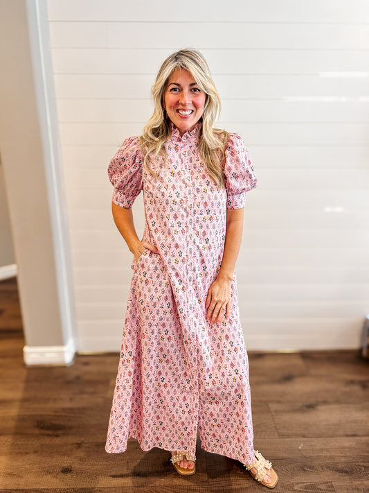 Pink Floral High Ruffled Neck Maxi Dress